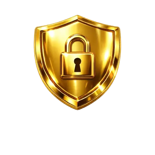 Golden security shield with padlock symbol representing digital protection and secure transactions XTPY