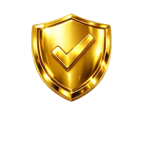 Golden security shield with black checkmark symbol representing verified protection and trusted digital security