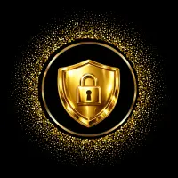 “Golden security shield with padlock symbol representing digital protection and secure transactions”